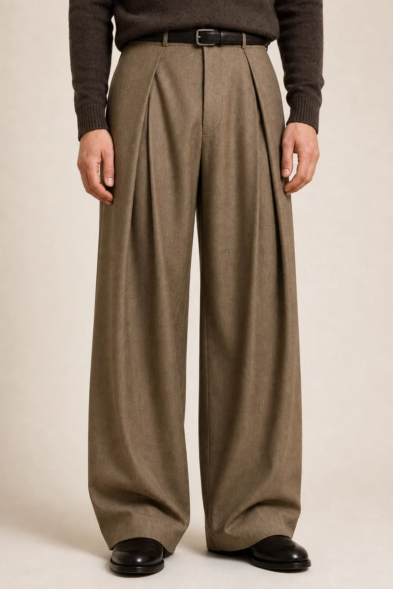 Sofaine Carter pleated high-waisted dress pants in Taupe, waistband and pleat detail