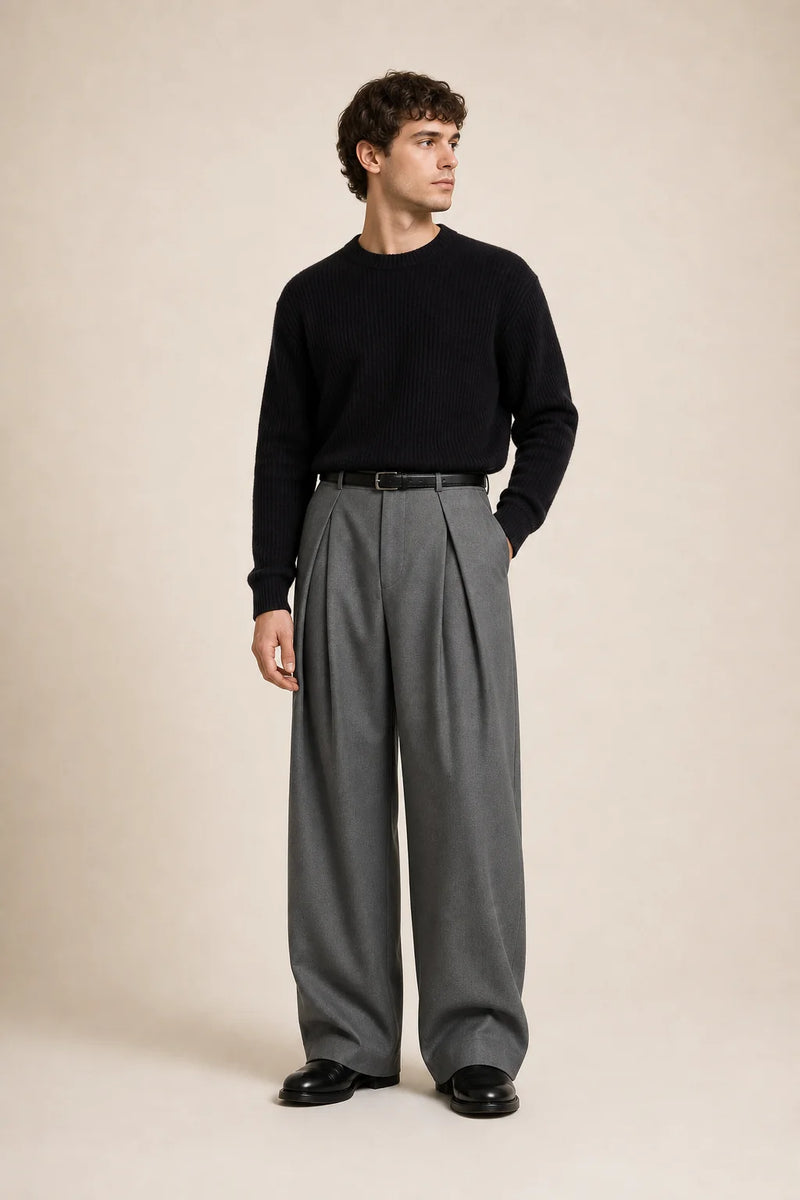 Sofaine Carter pleated high-waisted dress pants in Gray, worn front