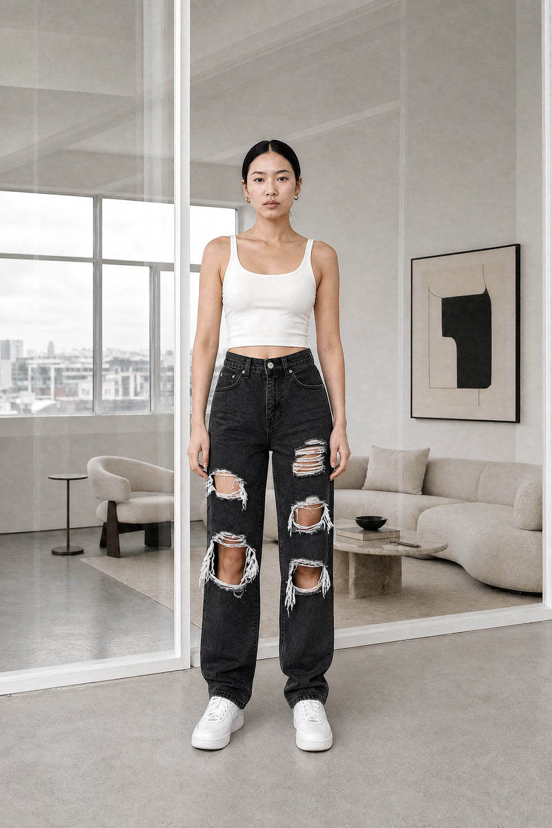 Cassandra | Ripped Boyfriend Jeans in Black, studio front view