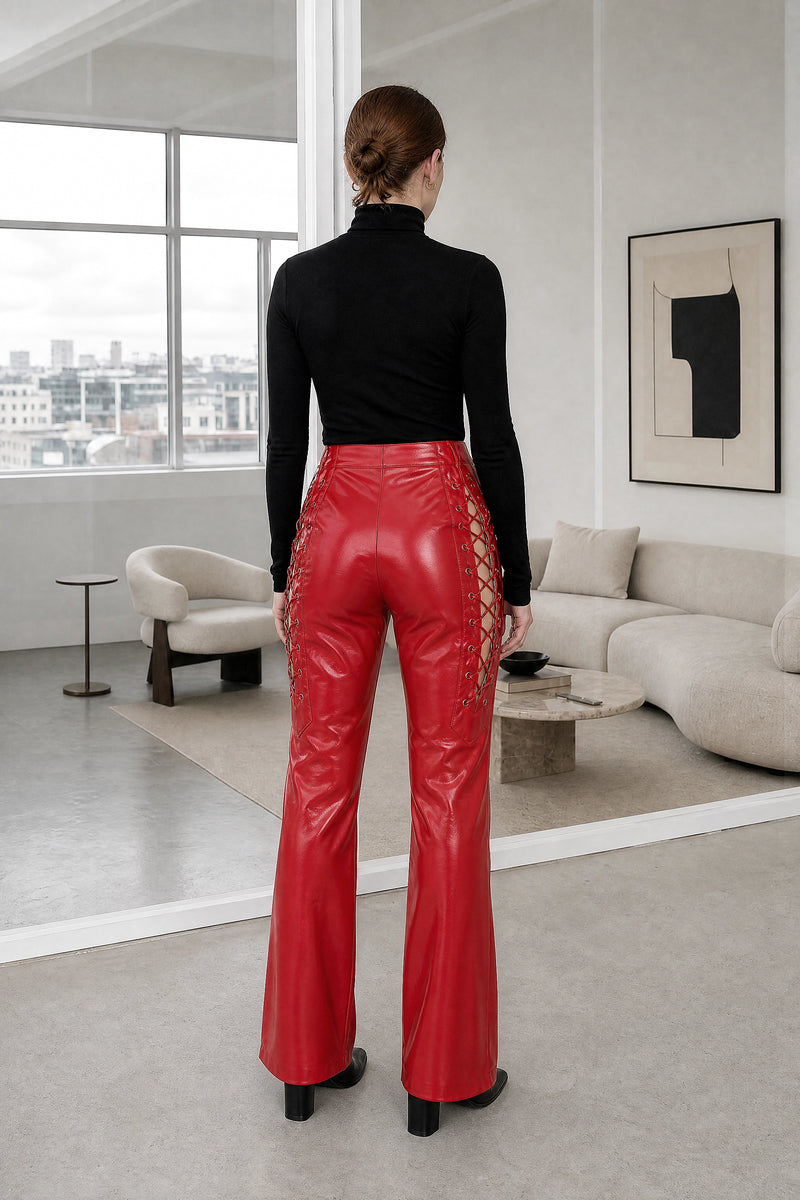 Cassidy | Lace-Up Faux Leather Pants in Red, studio back view