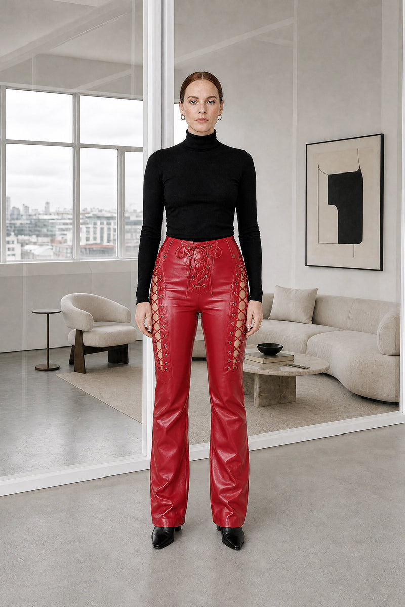 Cassidy | Lace-Up Faux Leather Pants in Red, studio front view