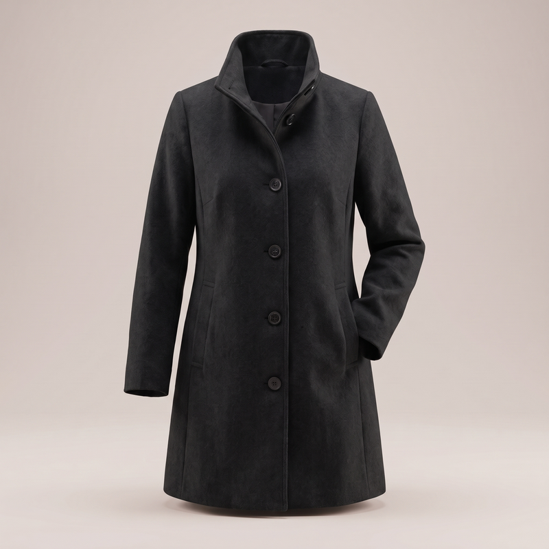 Single Breasted Wool-Look Coat for Women with Stand Collar and Pockets in Black, front view
