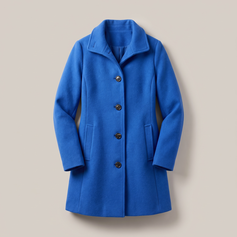 Single Breasted Wool-Look Coat for Women with Stand Collar and Pockets in Blue, front view