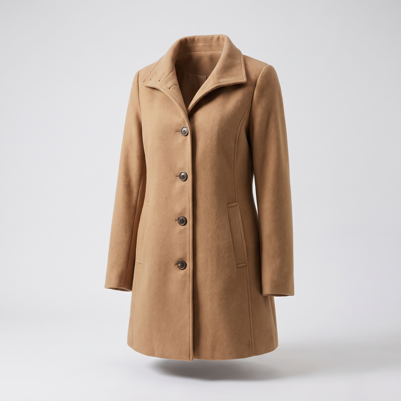 Single Breasted Wool-Look Coat for Women with Stand Collar and Pockets in Camel, front view