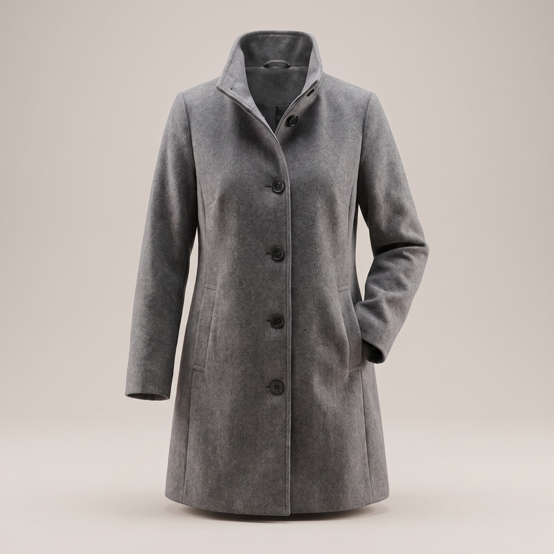 Single Breasted Wool-Look Coat for Women with Stand Collar and Pockets in Gray, front view
