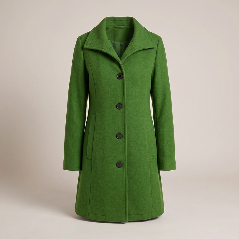 Single Breasted Wool-Look Coat for Women with Stand Collar and Pockets in Green, front view