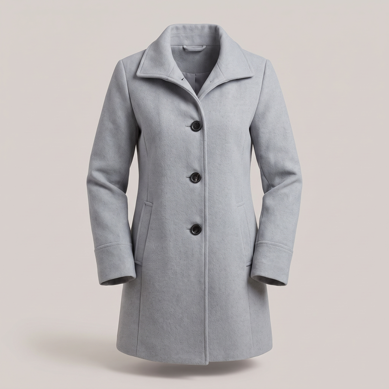 Single Breasted Wool-Look Coat for Women with Stand Collar and Pockets in Light Gray, product view