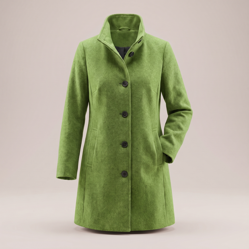 Single Breasted Wool-Look Coat for Women with Stand Collar and Pockets in Light Green, front view