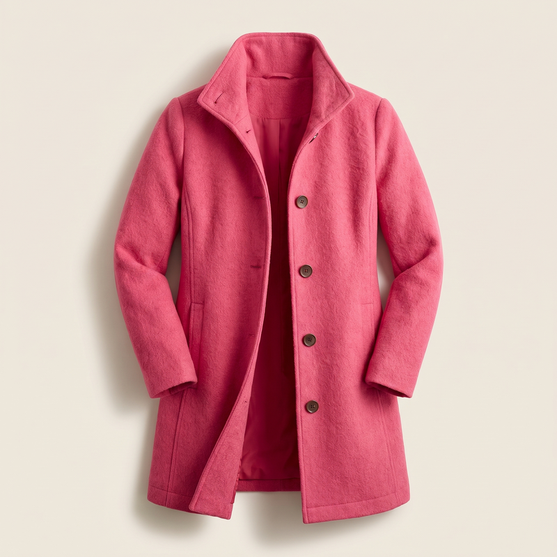 Single Breasted Wool-Look Coat for Women with Stand Collar and Pockets in Pink, front view