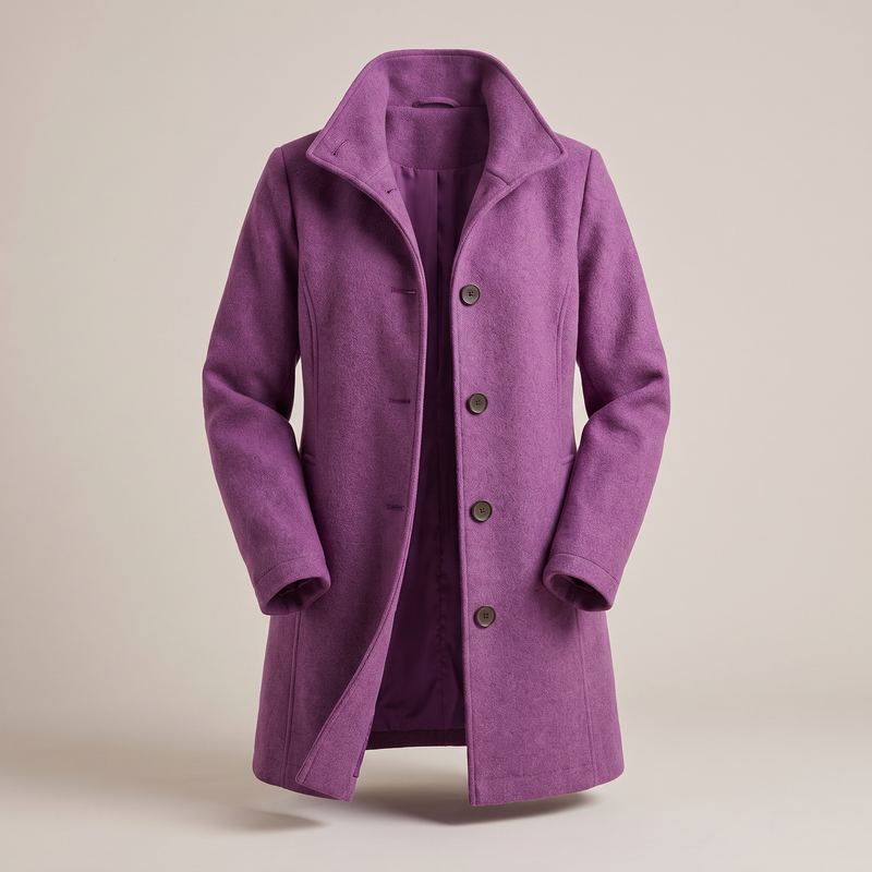 Single Breasted Wool-Look Coat for Women with Stand Collar and Pockets in Purple, front view
