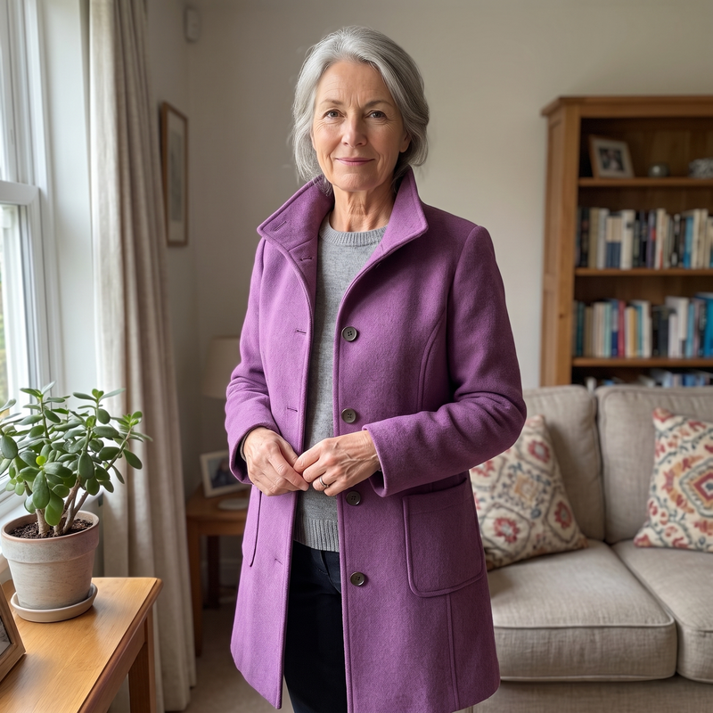 Single Breasted Wool-Look Coat for Women with Stand Collar and Pockets in Purple, styled view