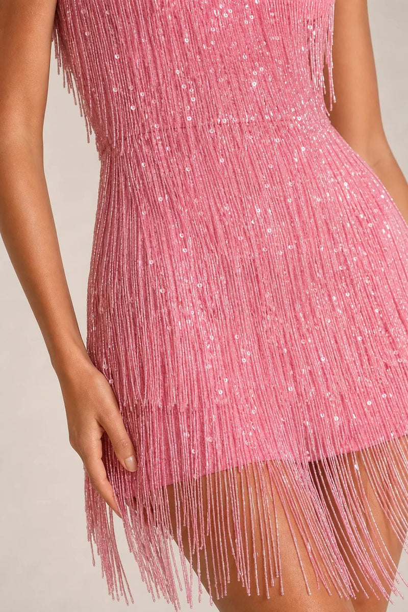 Sofaine Cecilia fringe sequin mini dress in pink, beaded fringe fabric close-up