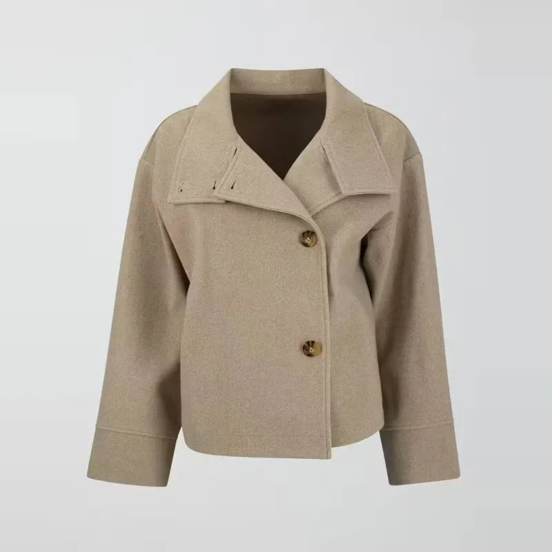 Oversized Cropped Pea Coat for Women with Stand Collar and Button Front in Beige, flat front view
