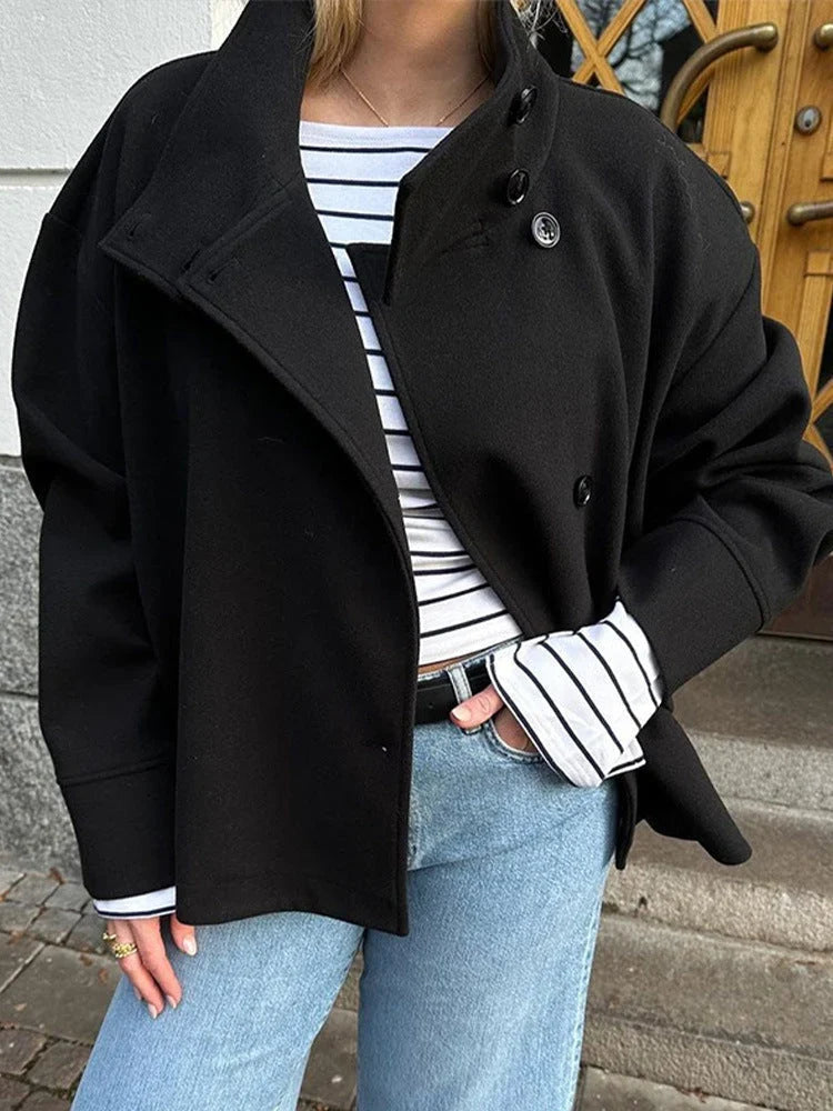 Oversized Cropped Pea Coat for Women with Stand Collar and Button Front in Black, front view
