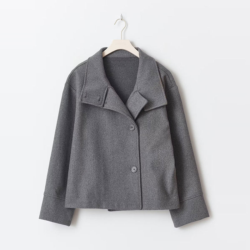 Oversized Cropped Pea Coat for Women with Stand Collar and Button Front in Dark Gray, hanger front view