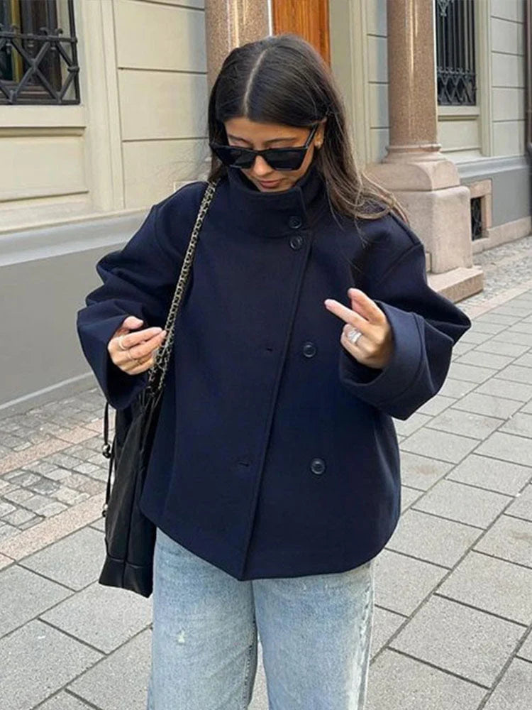 Oversized Cropped Pea Coat for Women with Stand Collar and Button Front in Navy Blue, styled view