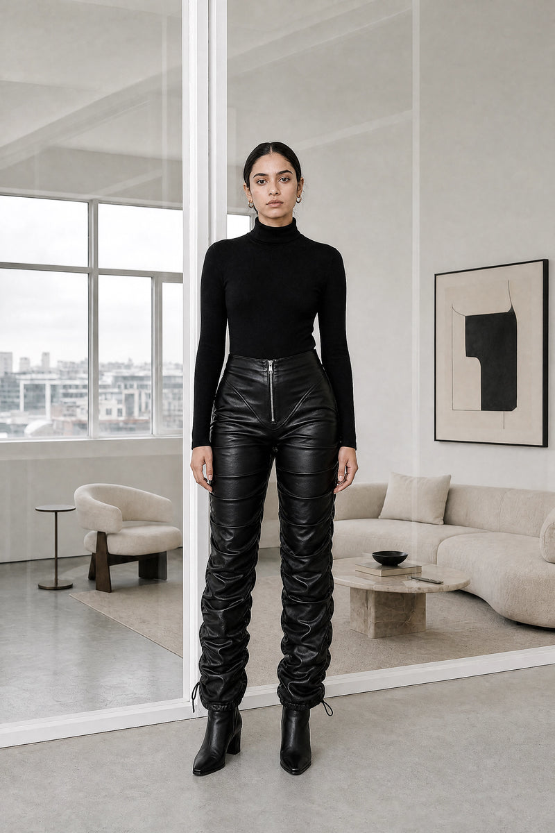 Celeste | Stacked Vegan Leather Pants in Black, studio front view