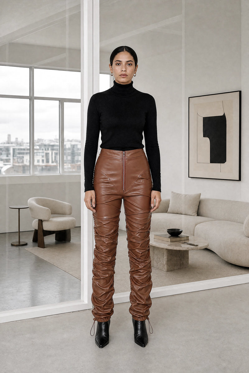 Celeste | Stacked Vegan Leather Pants in Brown, studio front view