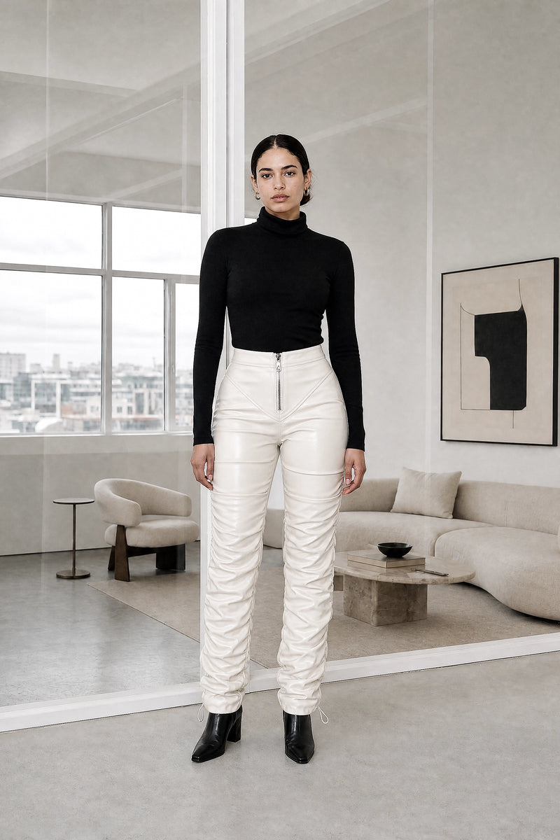 Celeste | Stacked Vegan Leather Pants in Cream, studio front view