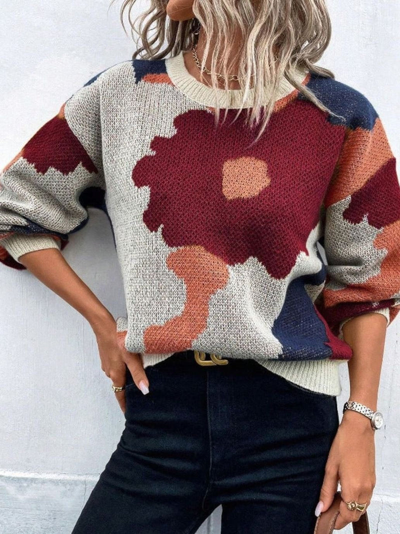 Color Block Flower Sweater for Women with Crew Neck and Drop Shoulders in Burgundy, front view