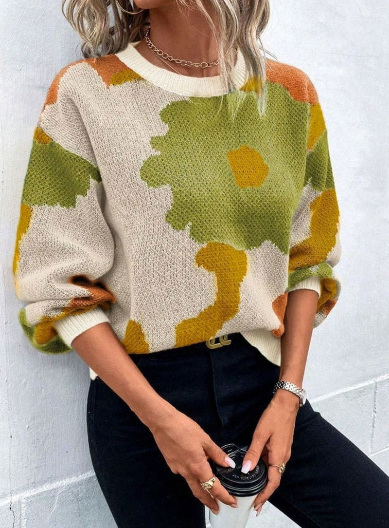 Color Block Flower Sweater for Women with Crew Neck and Drop Shoulders in Green, front view