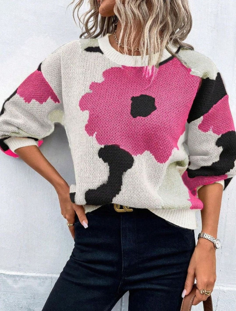 Color Block Flower Sweater for Women with Crew Neck and Drop Shoulders in Hot Pink, front view