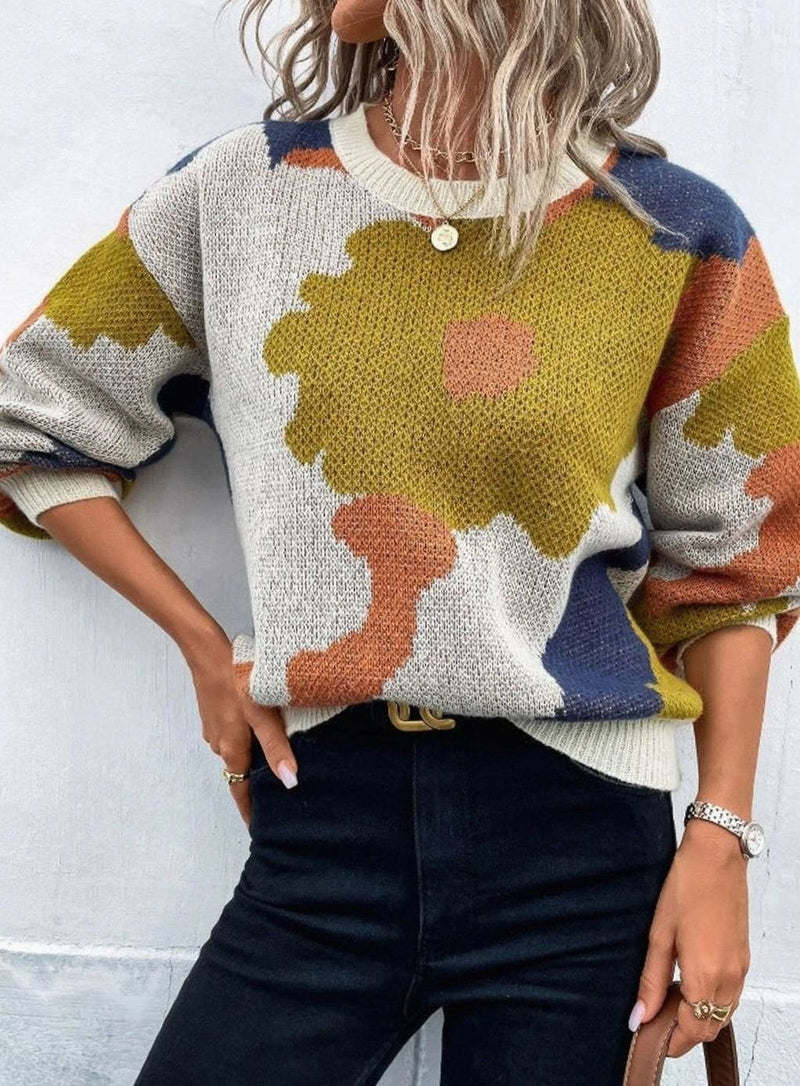 Color Block Flower Sweater for Women with Crew Neck and Drop Shoulders in Khaki, front view