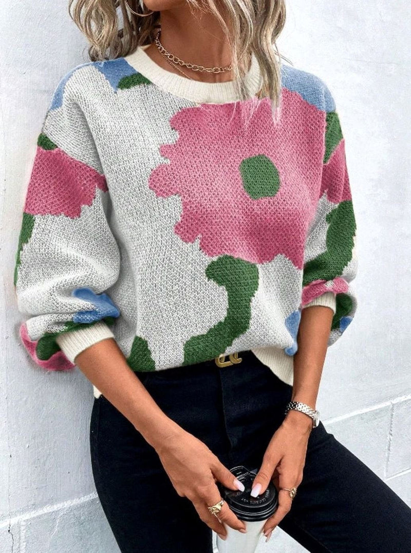 Color Block Flower Sweater for Women with Crew Neck and Drop Shoulders in Pink, front view