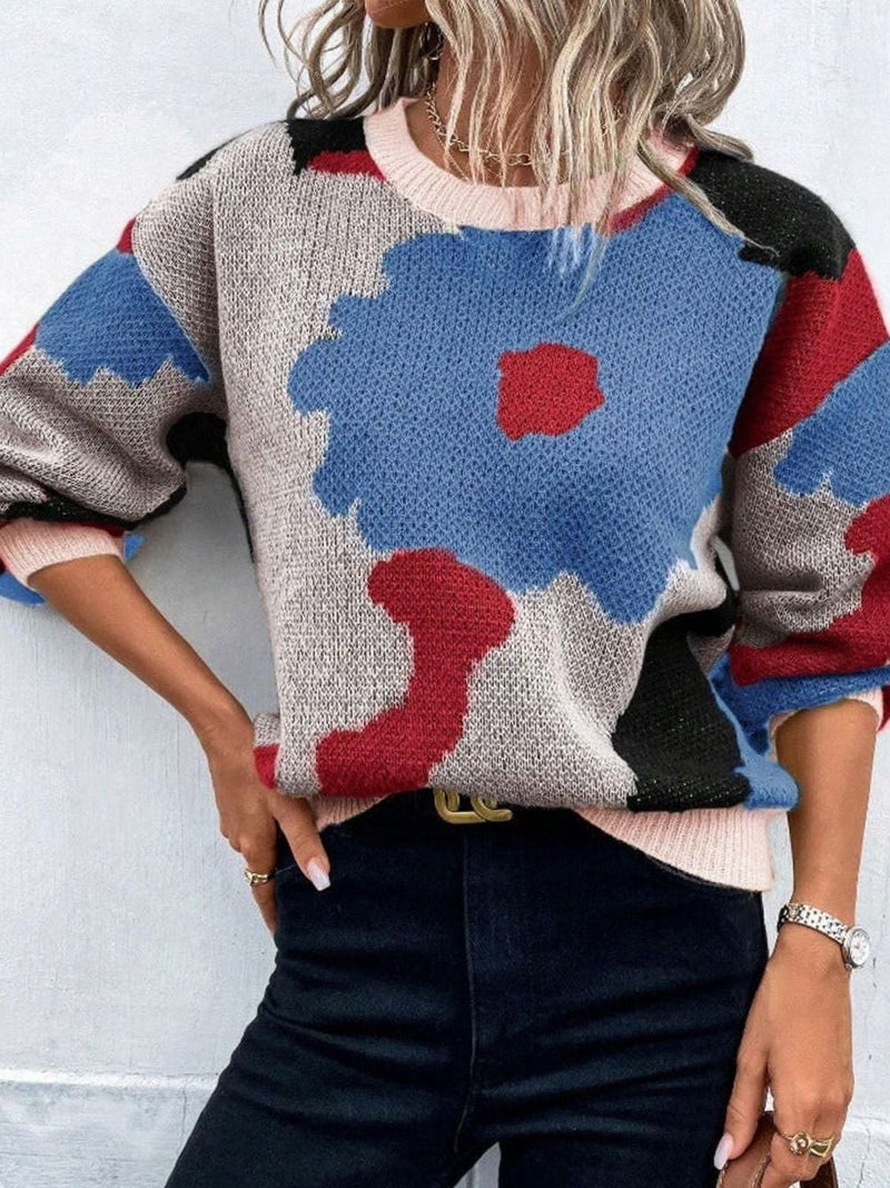 Color Block Flower Sweater for Women with Crew Neck and Drop Shoulders in Royal Blue, front view