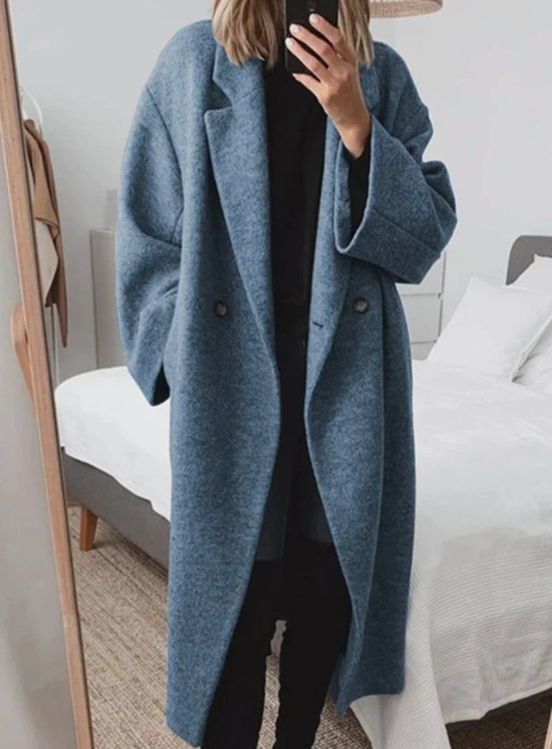 Long Oversized Wool-Look Coat for Women with Notch Lapels and Pockets in Blue, front view