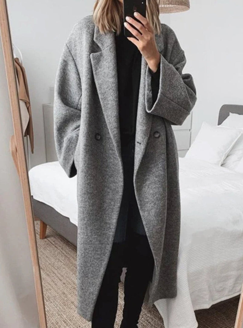 Long Oversized Wool-Look Coat for Women with Notch Lapels and Pockets in Gray, front view