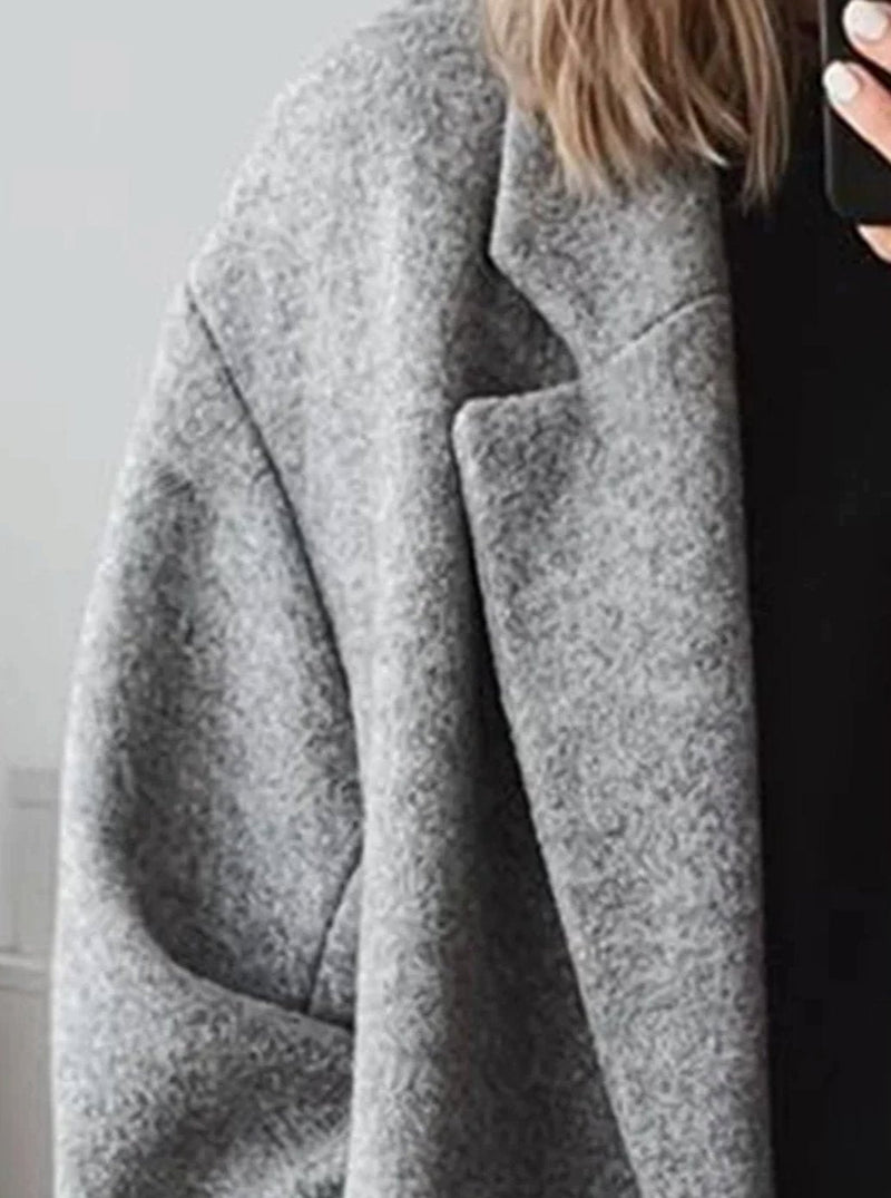 Long Oversized Wool-Look Coat for Women with Notch Lapels and Pockets in Gray, lapel close-up
