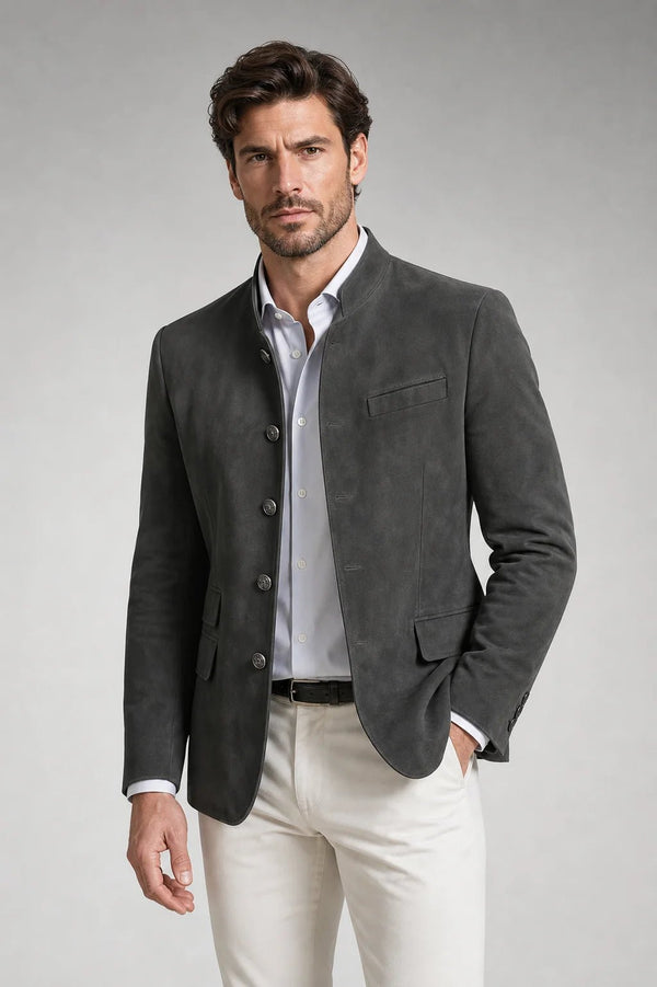 Sofaine Charles stand-collar jacket in dark grey with brushed finish, worn front view