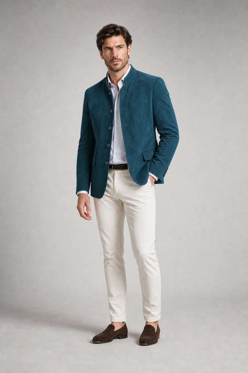 Sofaine Charles stand-collar jacket in teal blue with cream trousers, styled full look