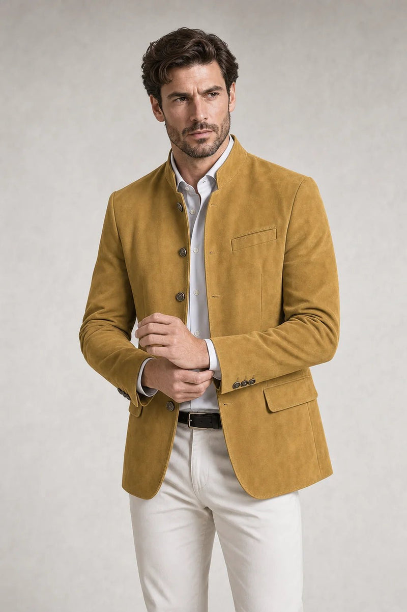 Sofaine Charles stand-collar jacket in mustard tan, worn front view