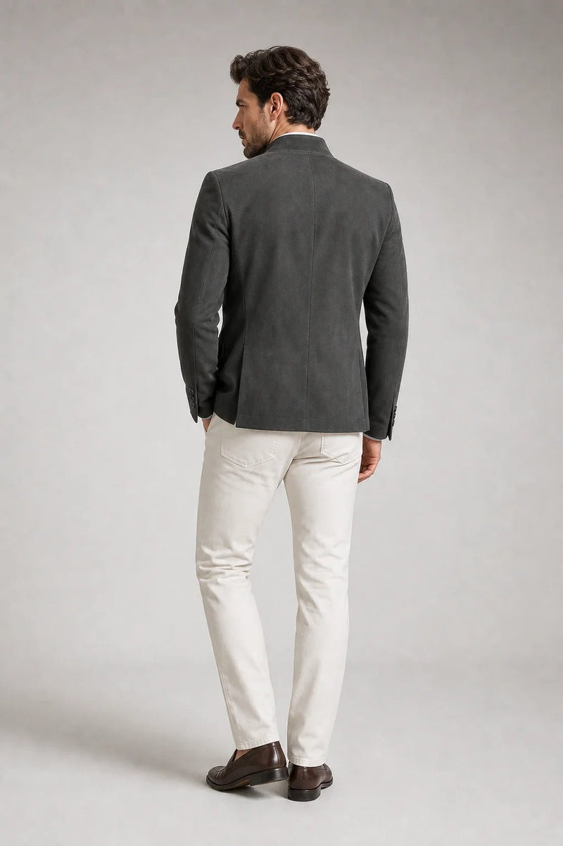Sofaine Charles stand-collar jacket in dark grey, back view
