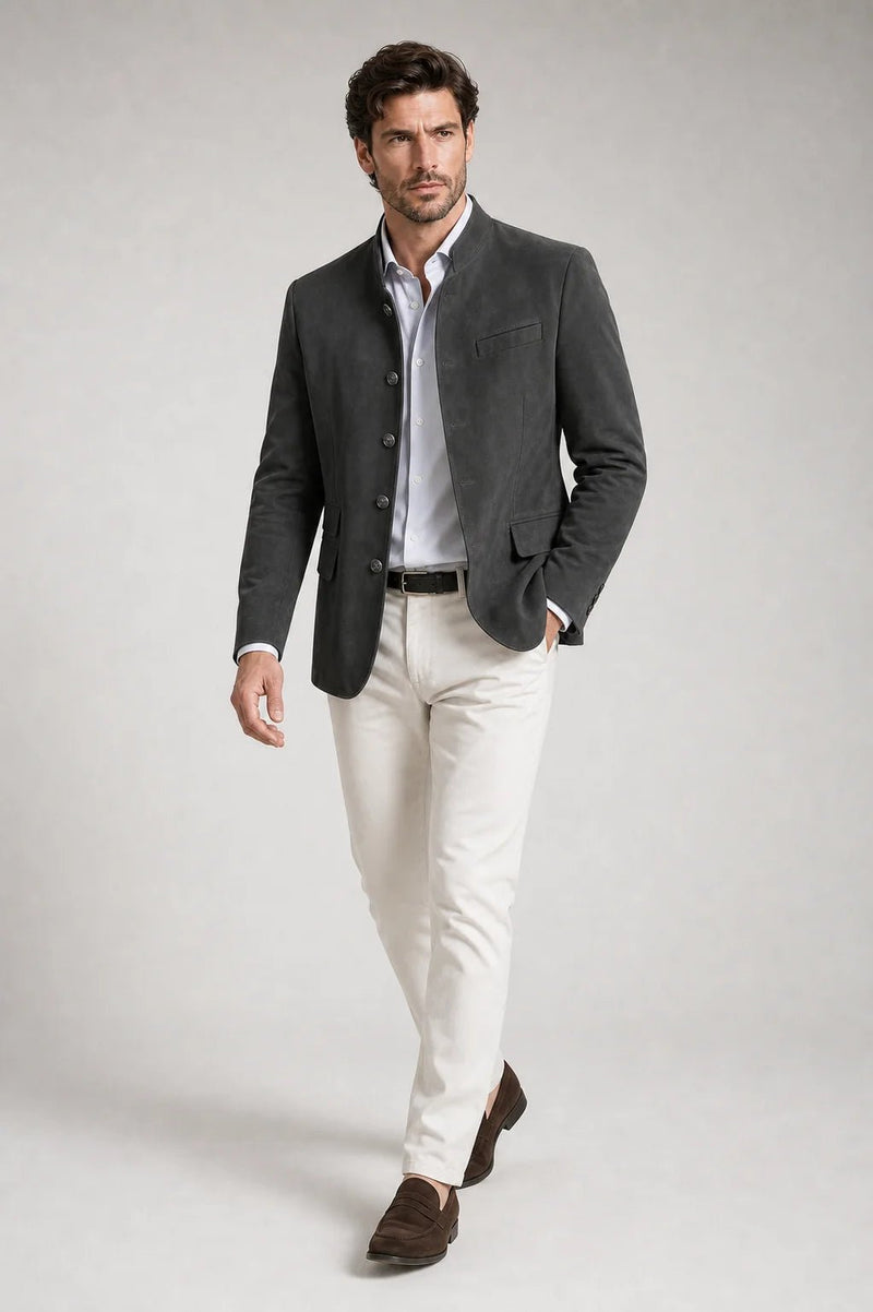 Sofaine Charles stand-collar jacket in dark grey with off-white trousers, styled full look