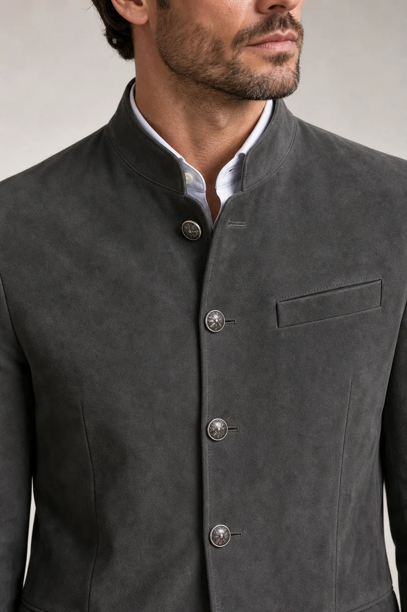 Sofaine Charles stand-collar jacket in dark grey, detail shot of embossed buttons and collar