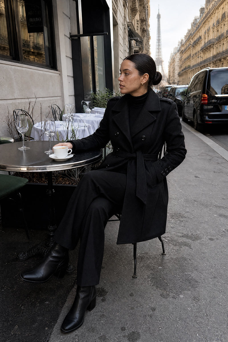 SOFAINE-V7-LIFE-Charley | Double-Breasted Trench Coat in Black, café scene