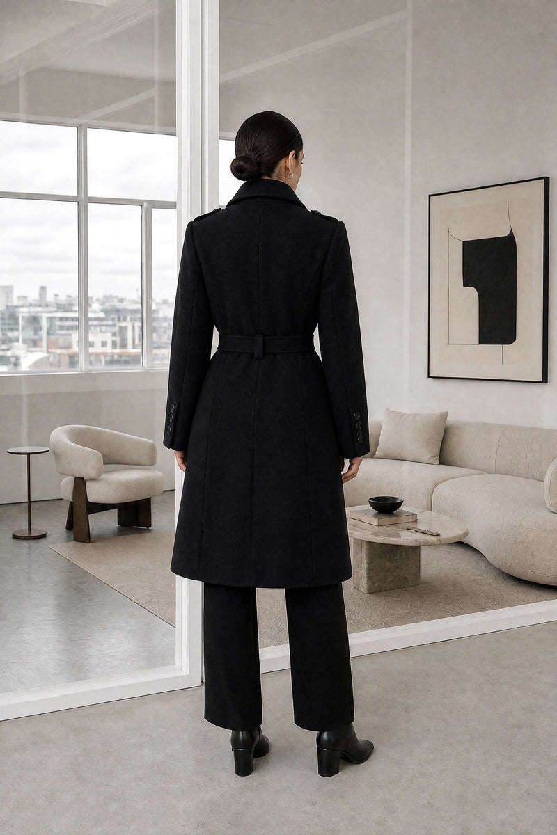 Charley | Double-Breasted Trench Coat in Black, studio back view