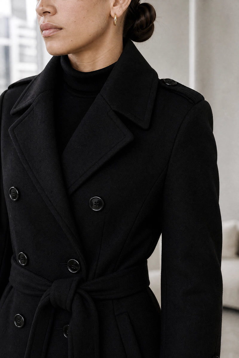 Charley | Double-Breasted Trench Coat in Black, fabric close-up