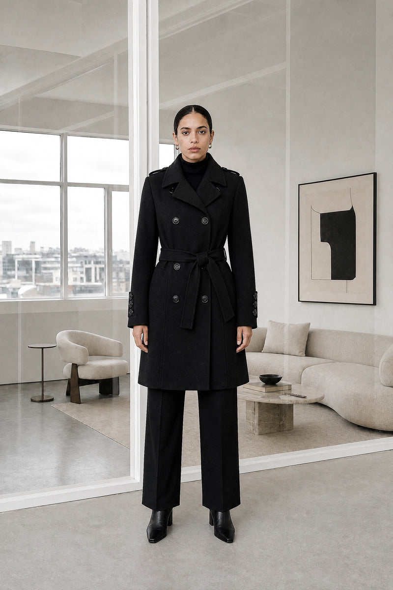 Charley | Double-Breasted Trench Coat in Black, studio front view