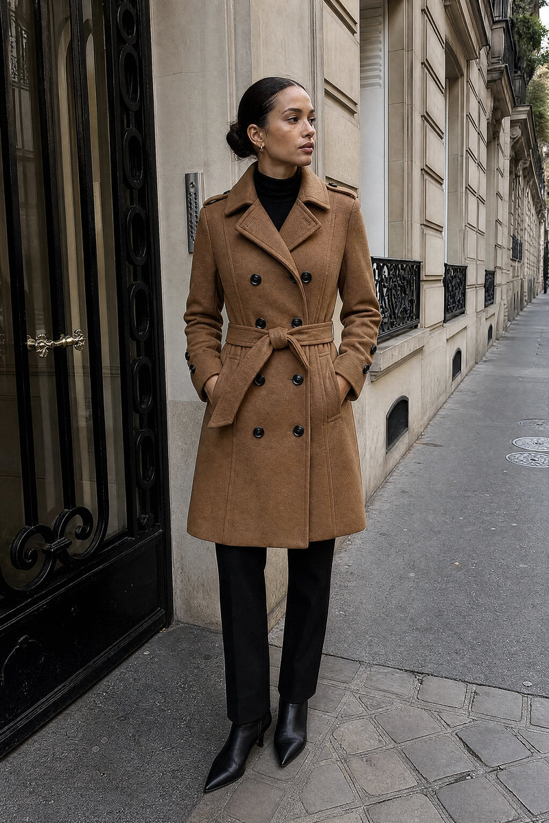SOFAINE-V7-LIFE-Charley | Double-Breasted Trench Coat in Brown, street-style view