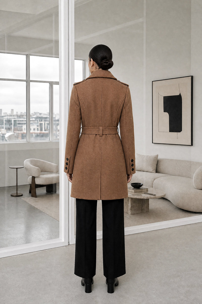Charley | Double-Breasted Trench Coat in Brown, studio back view