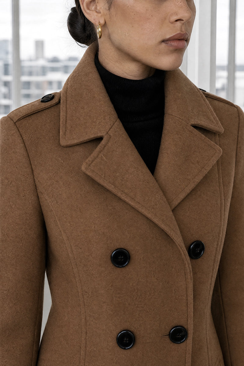 Charley | Double-Breasted Trench Coat in Brown, fabric close-up