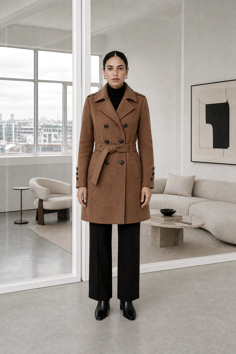Charley | Double-Breasted Trench Coat in Brown, studio front view