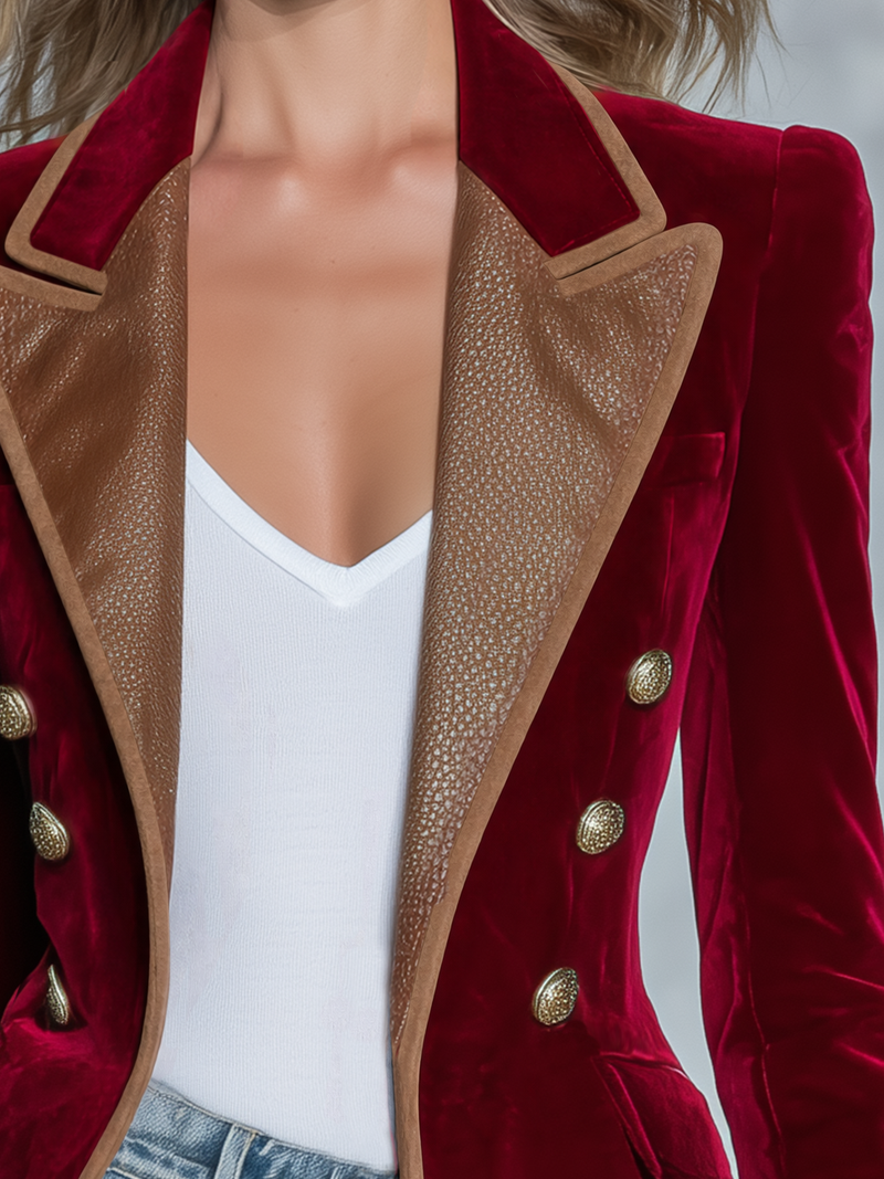 Double Breasted Velvet Blazer for Women with Faux Leather Lapels in Burgundy, button close-up