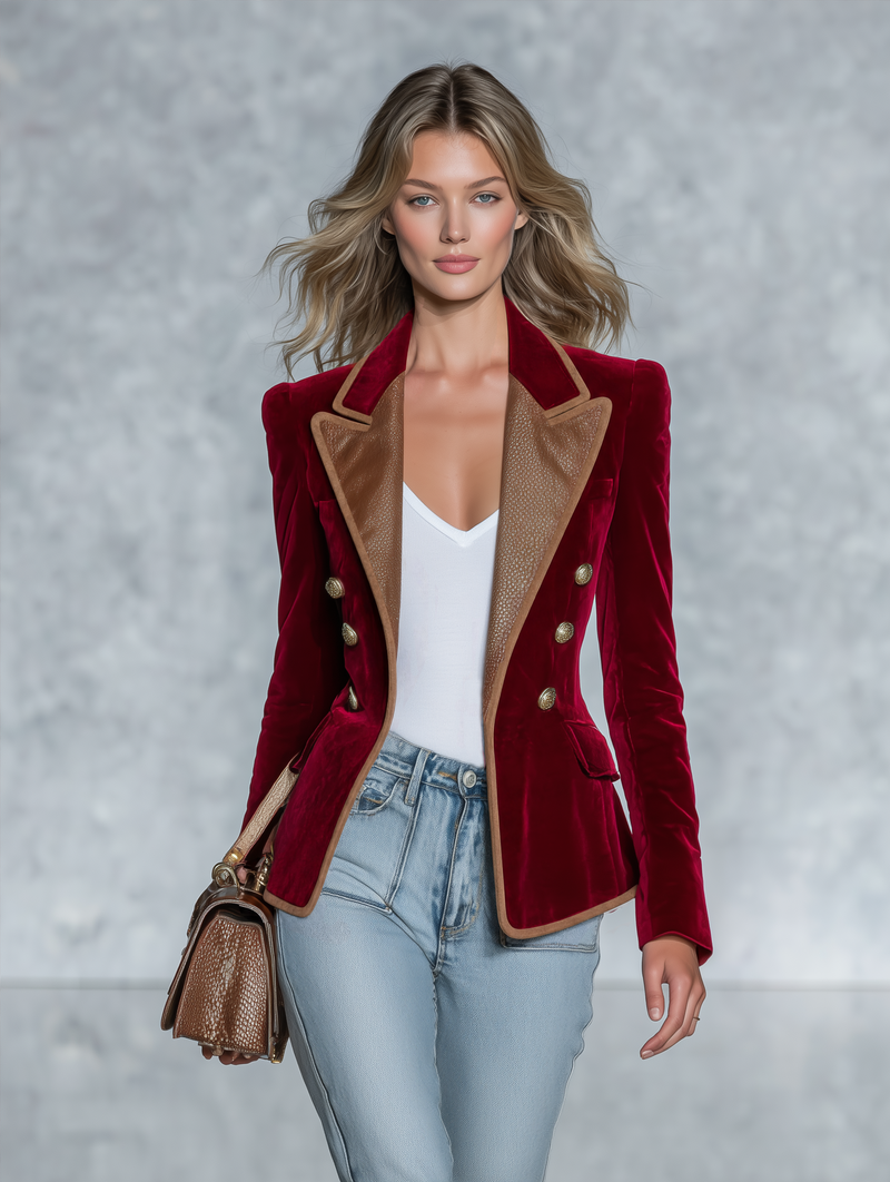 Double Breasted Velvet Blazer for Women with Faux Leather Lapels in Burgundy, full front view