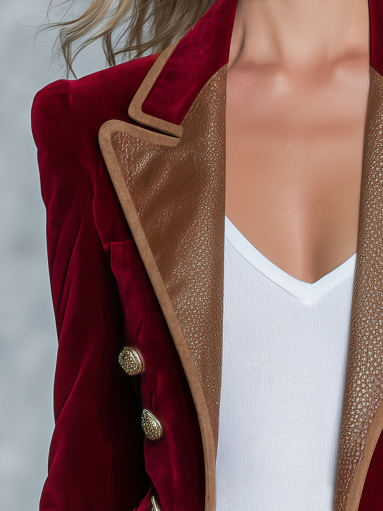 Double Breasted Velvet Blazer for Women with Faux Leather Lapels in Burgundy, lapel close-up