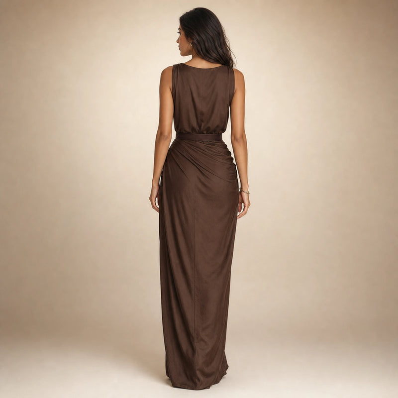 SOFAINE-V5-2026-07-07 Sofaine Charlotte cowl-neck belted maxi dress in Brown, worn back